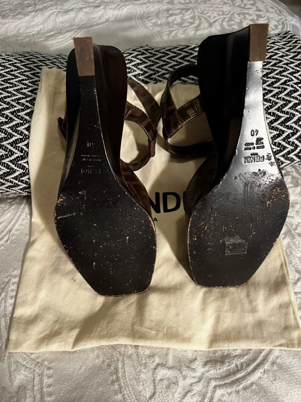 Fendi Brown FF Logo Slingback Wedge Sandals - Picture 3 of 4
